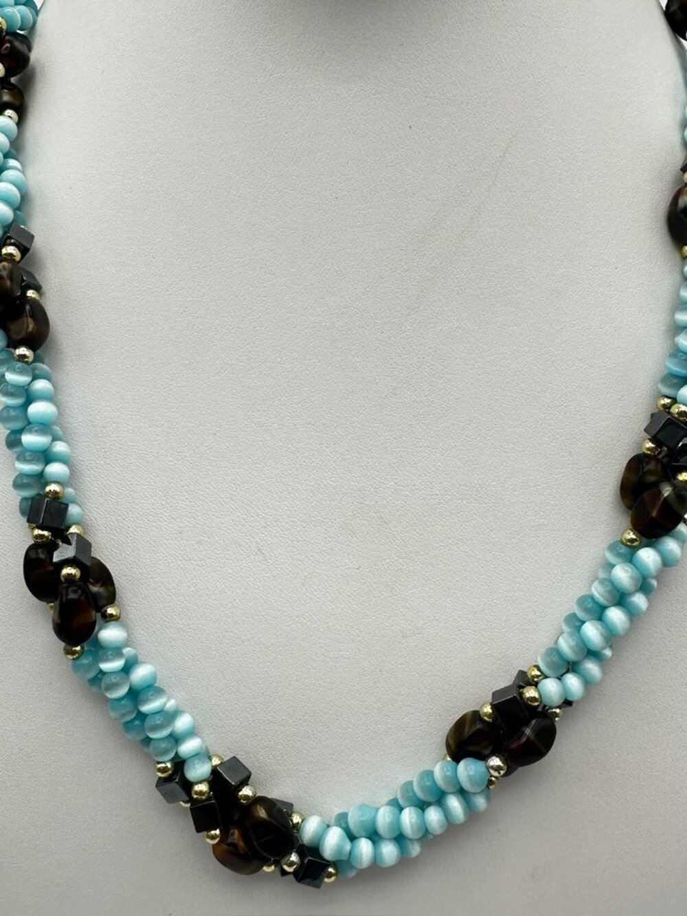 Vintage 90s Aqua Frosted Glass Beaded Layered Necklace Silver Tone Jewelry Boho